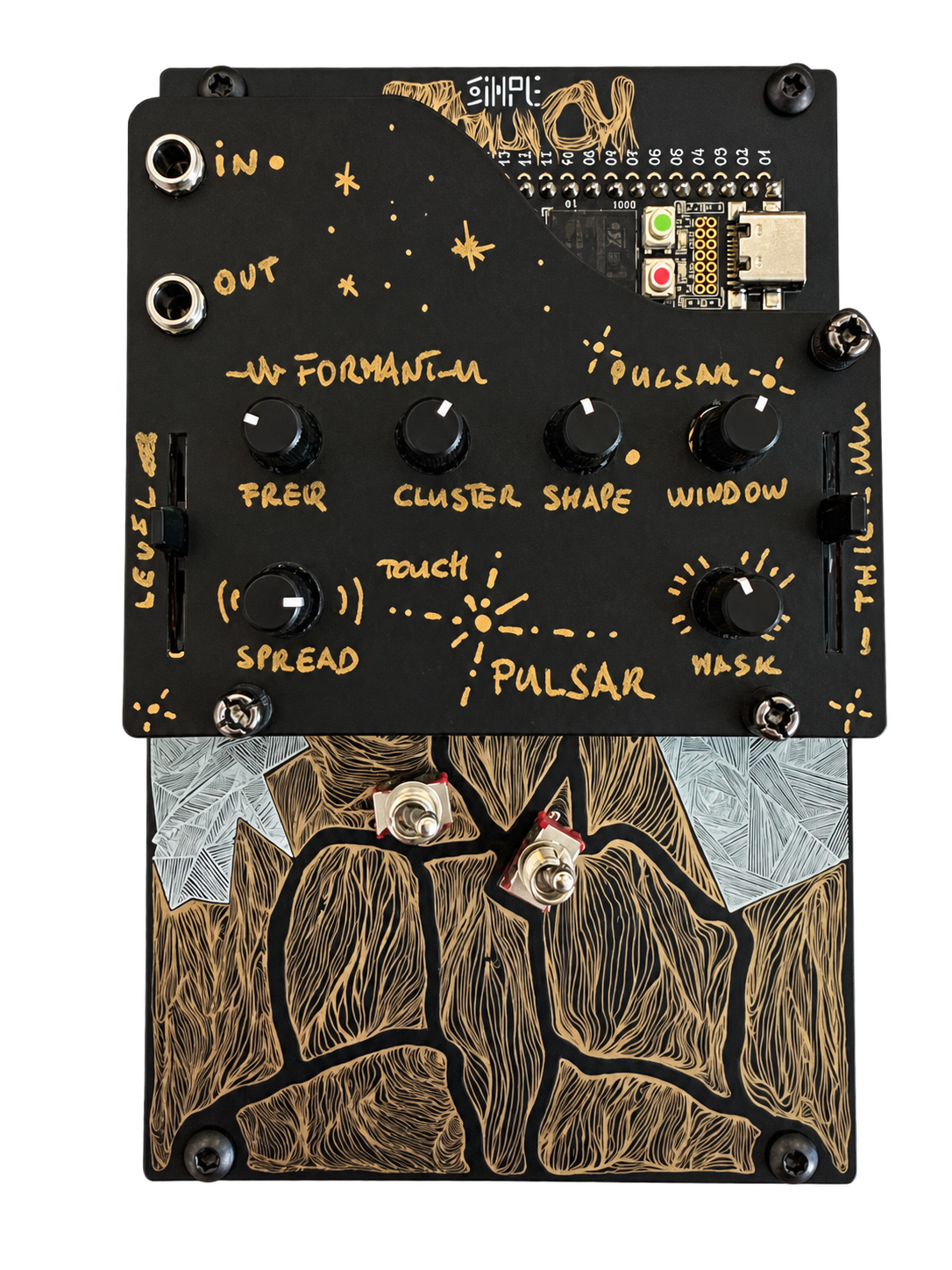 TouchPulsar's handmade black and gold faceplate, knobs, faders and illustrated touch surface.
